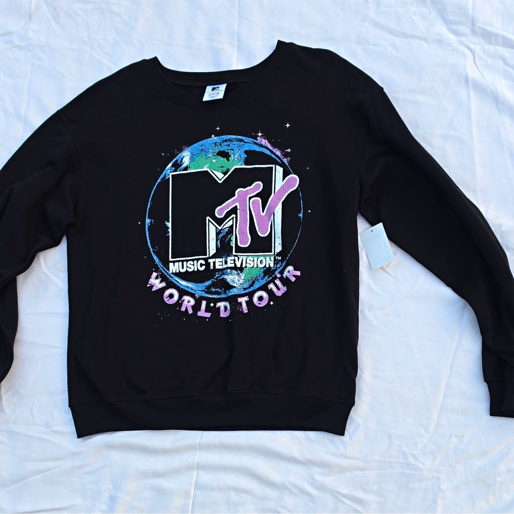 MTV World Tour Black Fleece Crewneck Pullover Sweatshirt Graphic Logo L #256